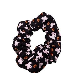 Handmade hair tie scrunchie.  Halloween.  Black with ghosts and pumpkins.